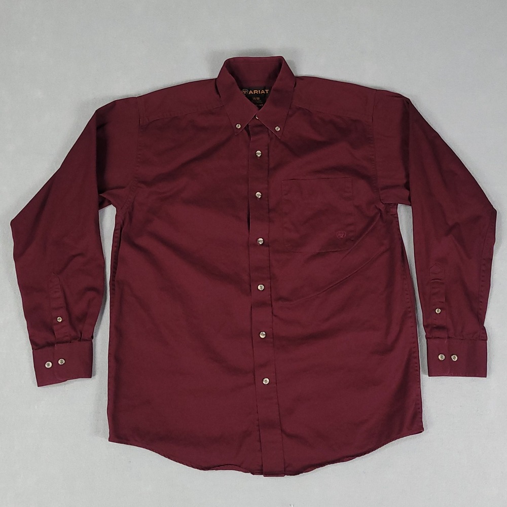 Ariat Button Down Shirt Mens M Burgundy Solid Classic Fit Cotton Twill Long Slv
